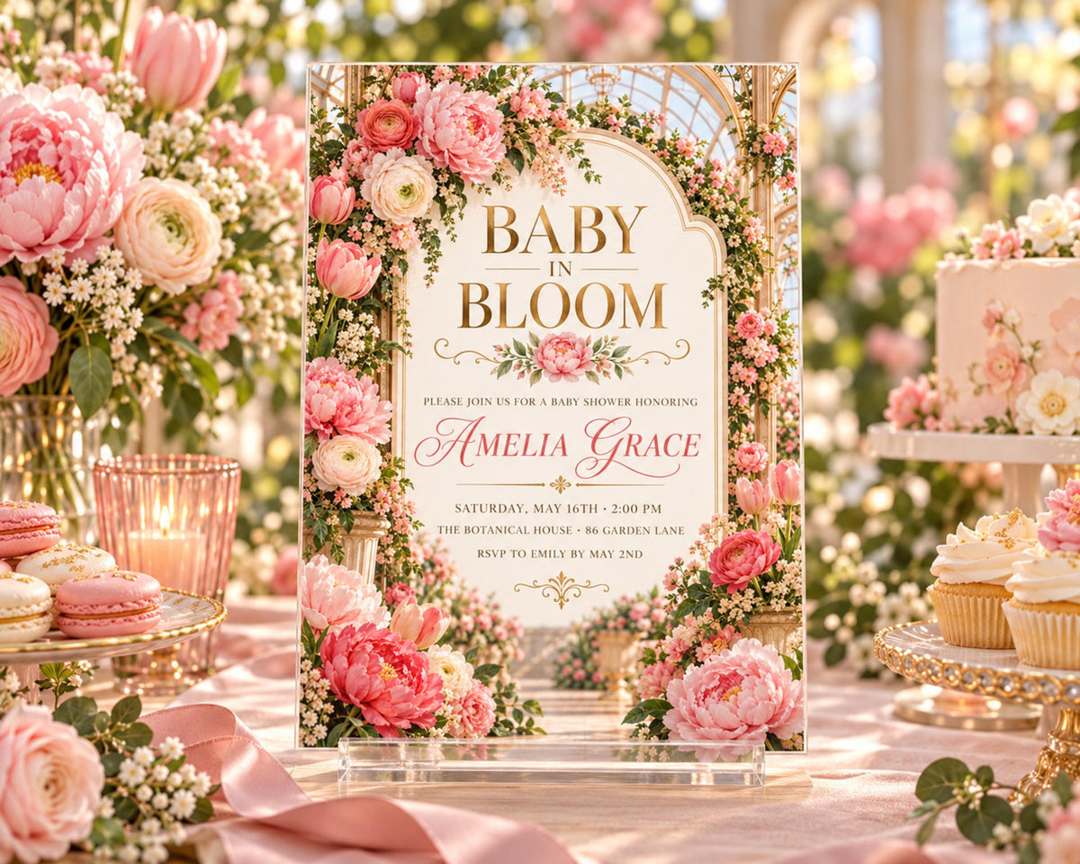 The image is a beautifully decorated baby shower invitation featuring a floral design with pink and white flowers, surrounded by a table filled with desserts and flowers.