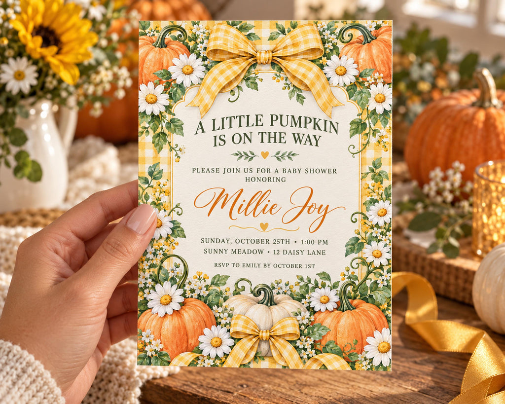 A hand holding a baby shower invitation with a pumpkin and flower design.