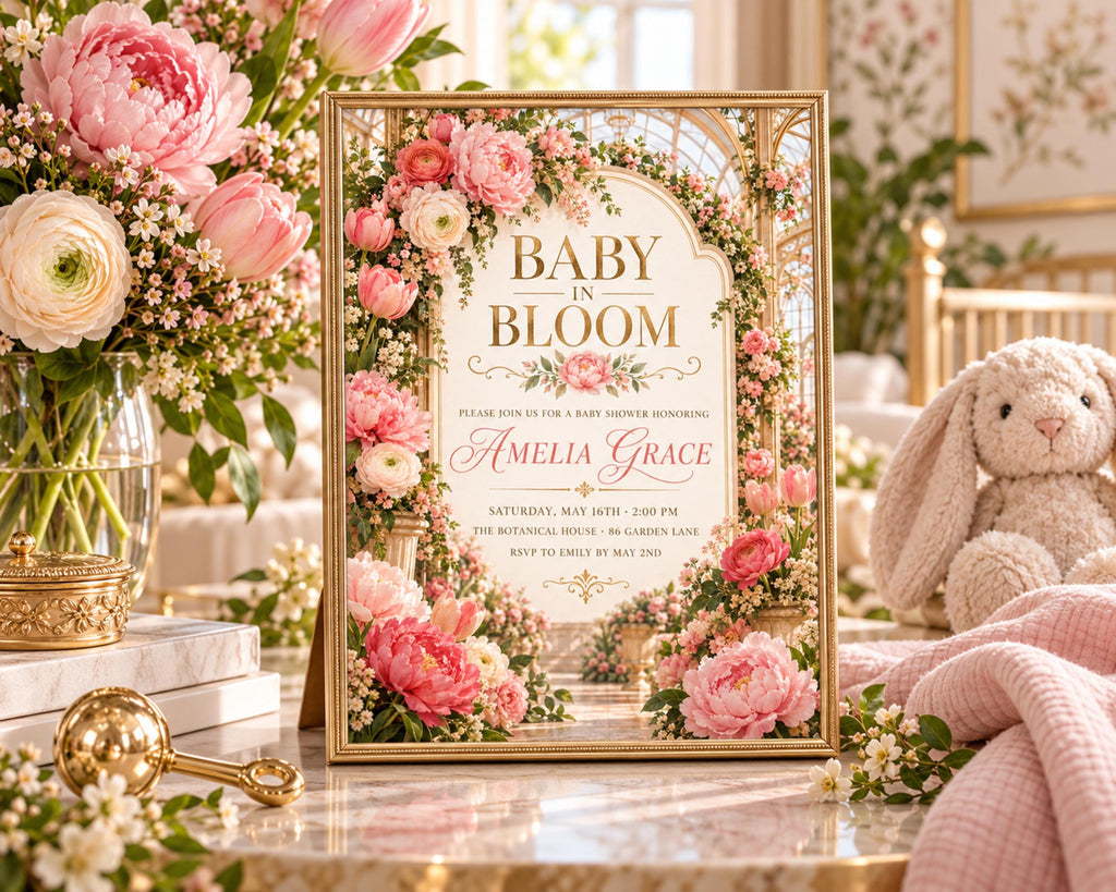 a beautiful baby shower invitation with a floral design, placed on a table surrounded by pink flowers and a stuffed rabbit.