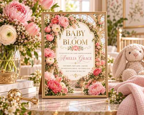 a beautiful baby shower invitation with a floral design, placed on a table surrounded by pink flowers and a stuffed rabbit.