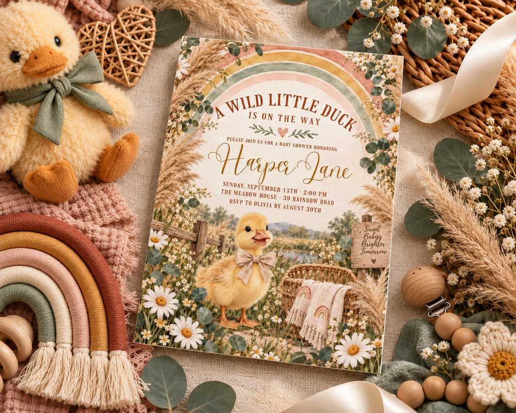 A wild little duck baby shower invitation featuring a yellow duck surrounded by flowers and a rainbow, with a stuffed animal and other baby-themed items in the background.