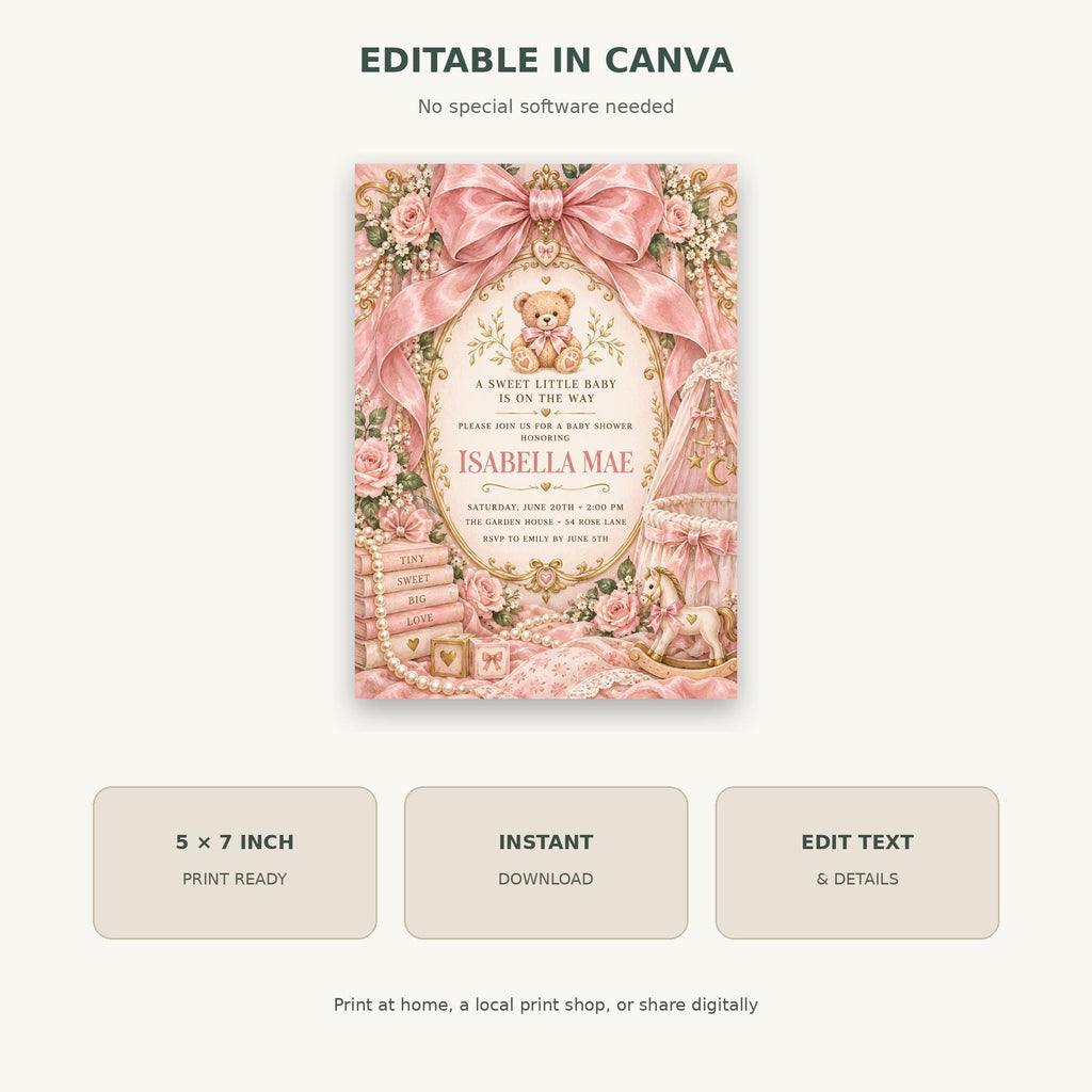 The image is a pink and white invitation card for a baby shower, featuring a teddy bear and floral decorations.