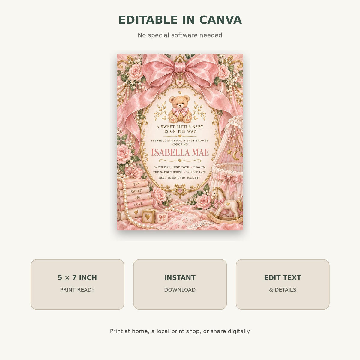 The image is a pink and white invitation card for a baby shower, featuring a teddy bear and floral decorations.