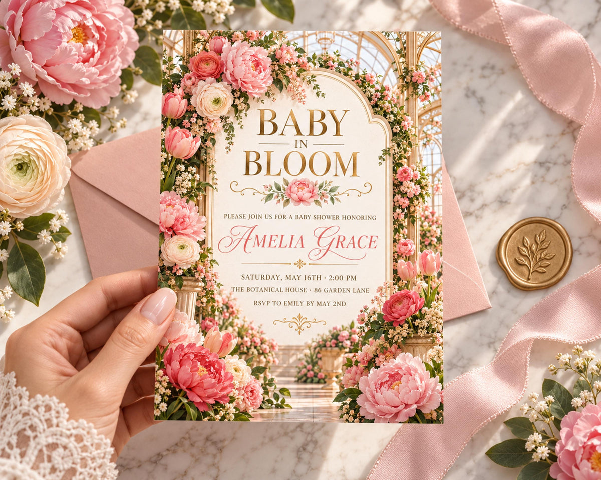 A hand holding a pink and white floral baby shower invitation card with a floral design and text.