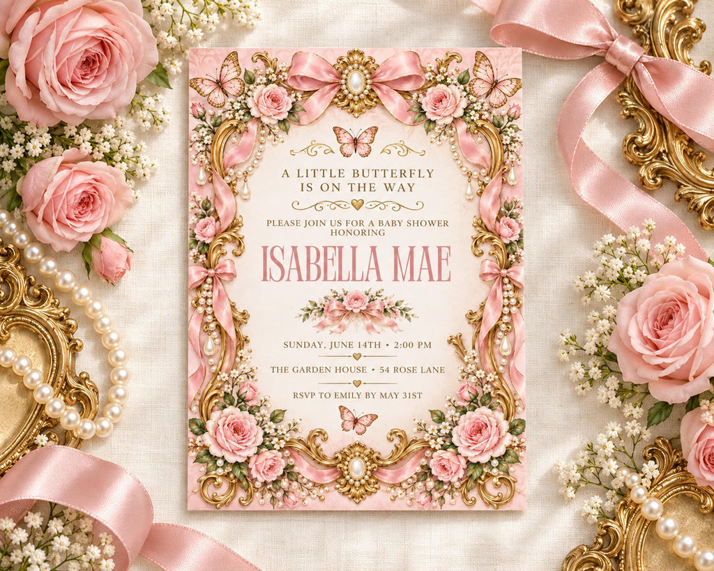 A pink and gold baby shower invitation for a baby named Isabella Mae, with a floral border and pearls surrounding it.