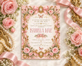 A pink and gold baby shower invitation for a baby named Isabella Mae, with a floral border and pearls surrounding it.