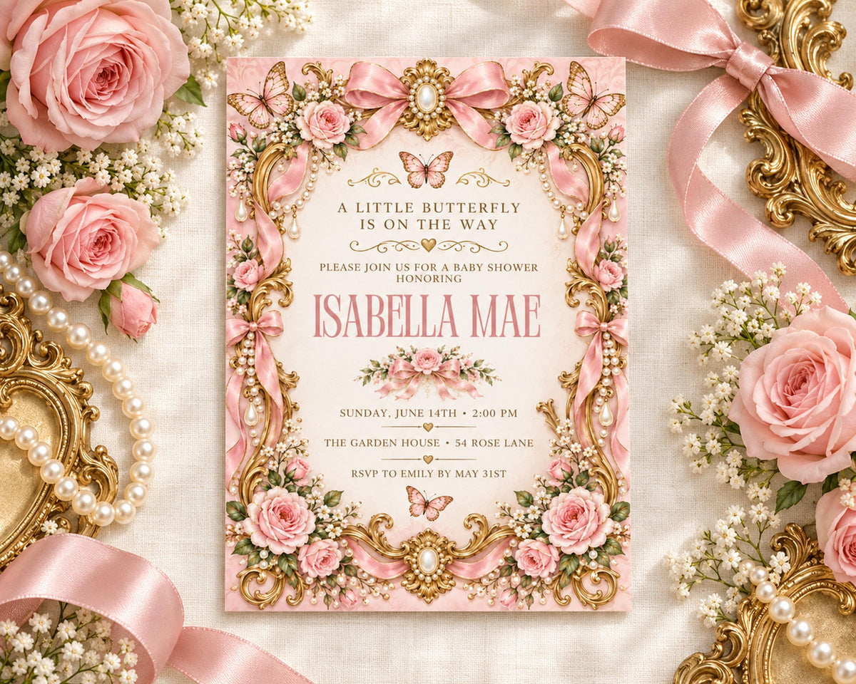 A pink and gold baby shower invitation for a baby named Isabella Mae, with a floral border and pearls surrounding it.