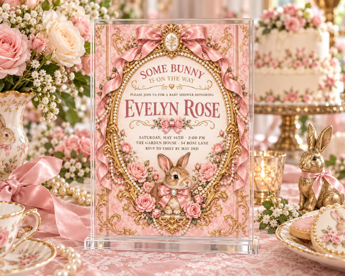 The image is a pink and gold invitation card for a baby shower, featuring a bunny and floral design.