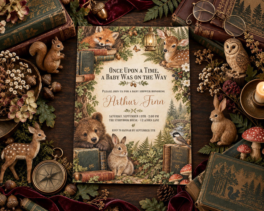 The image is a baby shower invitation featuring illustrations of animals, including a bear, rabbit, deer, and owl, surrounded by books, mushrooms, and other natural elements.