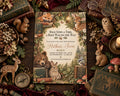 The image is a baby shower invitation featuring illustrations of animals, including a bear, rabbit, deer, and owl, surrounded by books, mushrooms, and other natural elements.