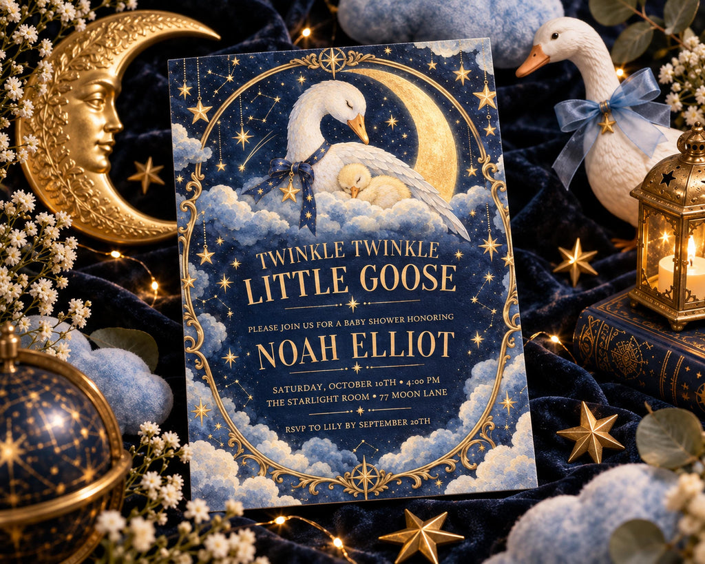 The image is a baby shower invitation featuring a night sky theme with a moon, stars, and a crescent moon. The invitation is adorned with gold accents and has a blue and white color scheme.