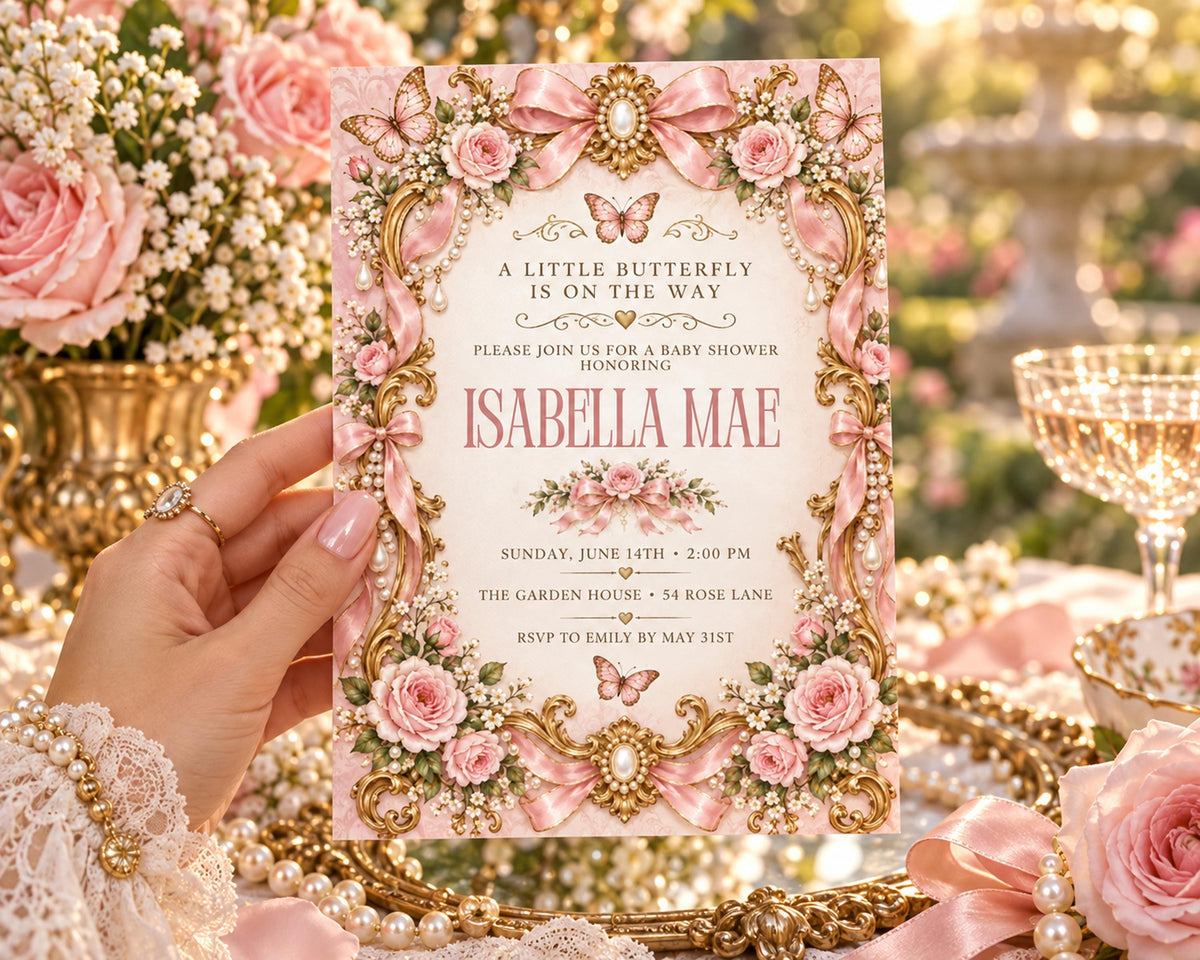 A hand holding a pink and gold baby shower invitation with a floral design, surrounded by pink flowers and a glass of champagne.