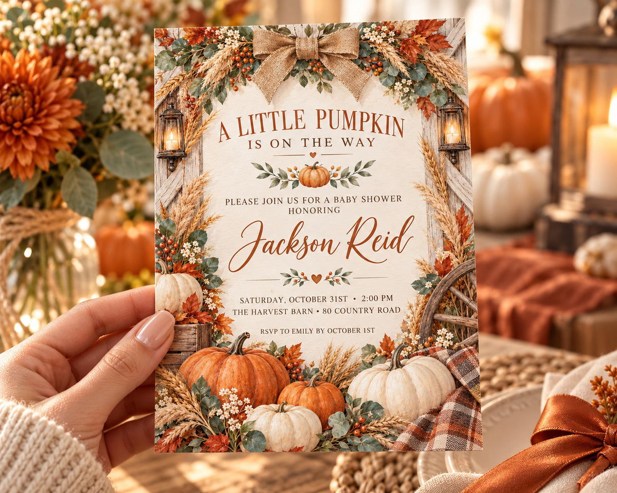 A hand holding a baby shower invitation with a pumpkin theme, featuring a rustic design with pumpkins, leaves, and a burlap border.