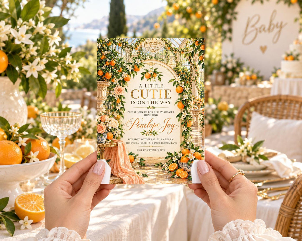 A person's hands holding a colorful baby shower invitation with an orange and white floral design.