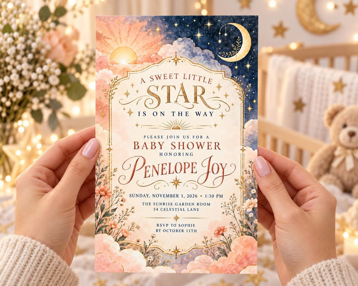 A person's hands holding a baby shower invitation with a night sky and stars design.