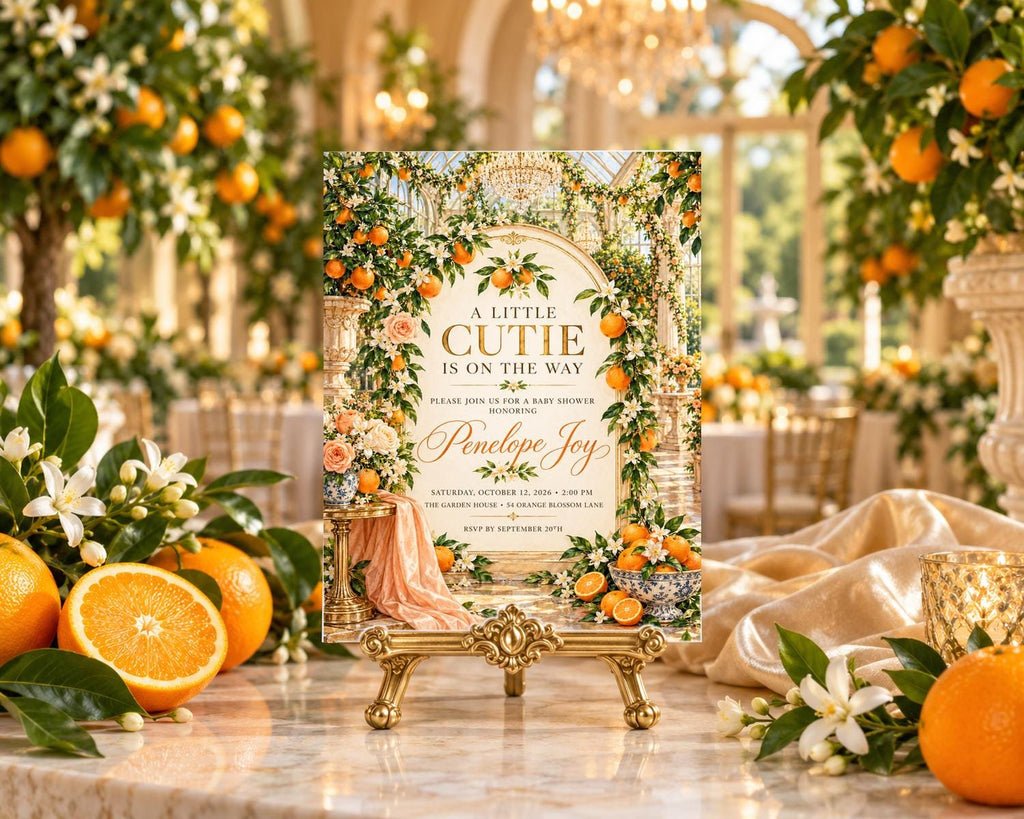a beautifully decorated baby shower invitation with a floral design, surrounded by oranges and white flowers.