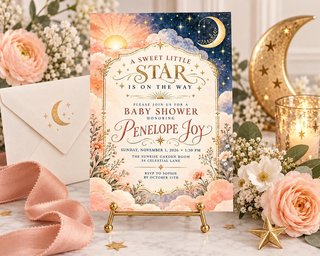 A baby shower invitation with a starry night sky theme, featuring a crescent moon, sun, and flowers. The invitation is displayed on a stand surrounded by flowers and a candle.