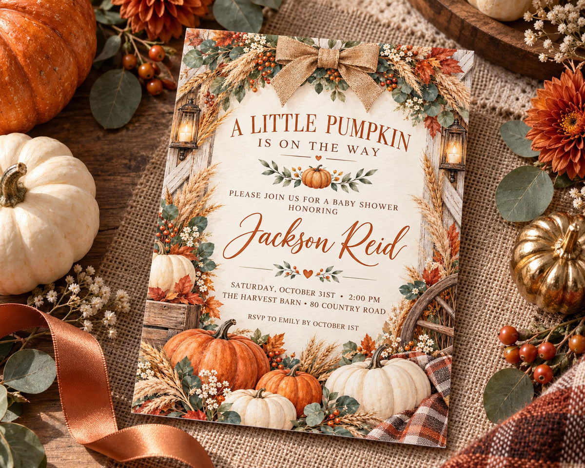 A baby shower invitation for Jackson Reid, featuring a pumpkin and autumn-themed decorations, including pumpkins, gourds, and fall foliage.