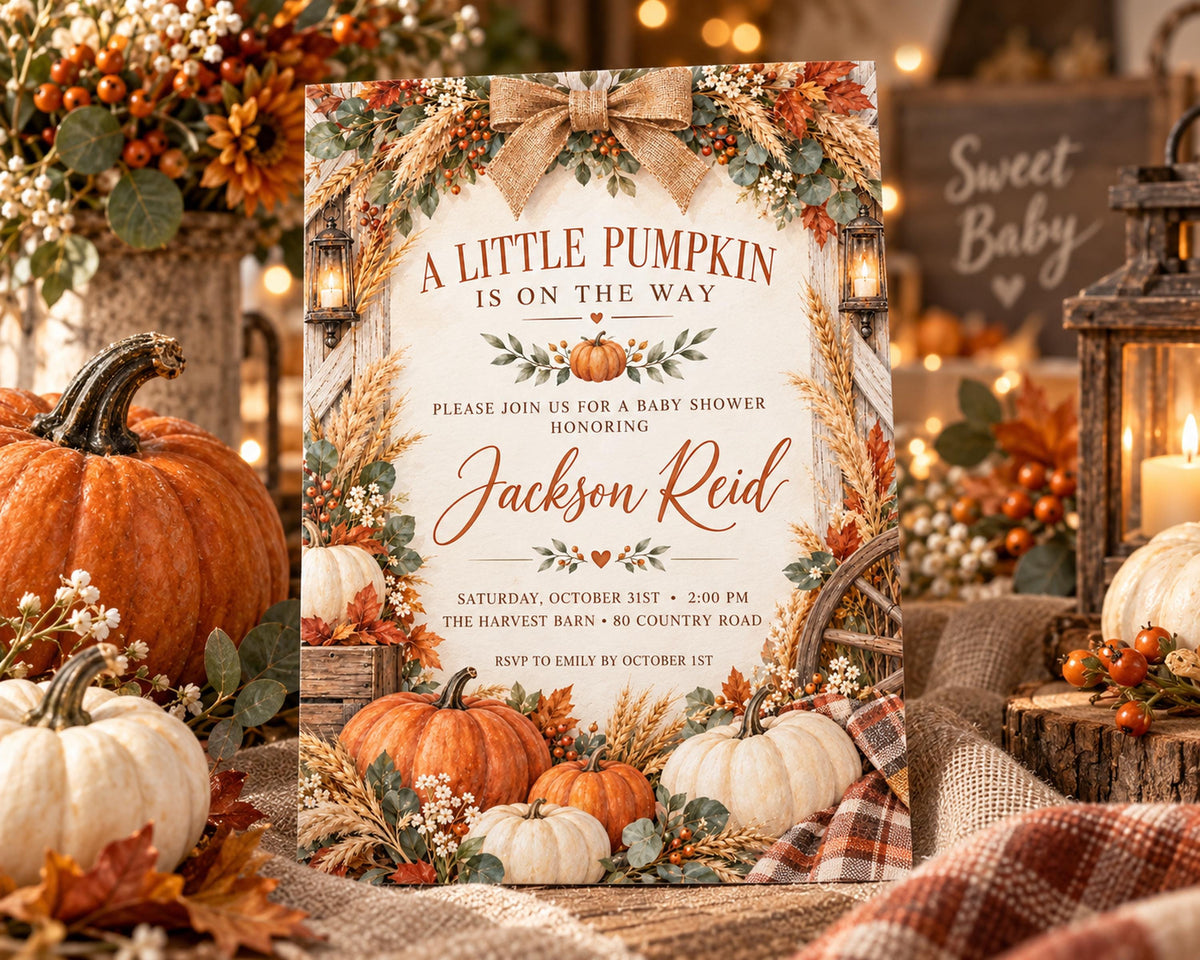 a pumpkin-themed baby shower invitation with autumn decorations, including pumpkins, leaves, and a burlap banner.