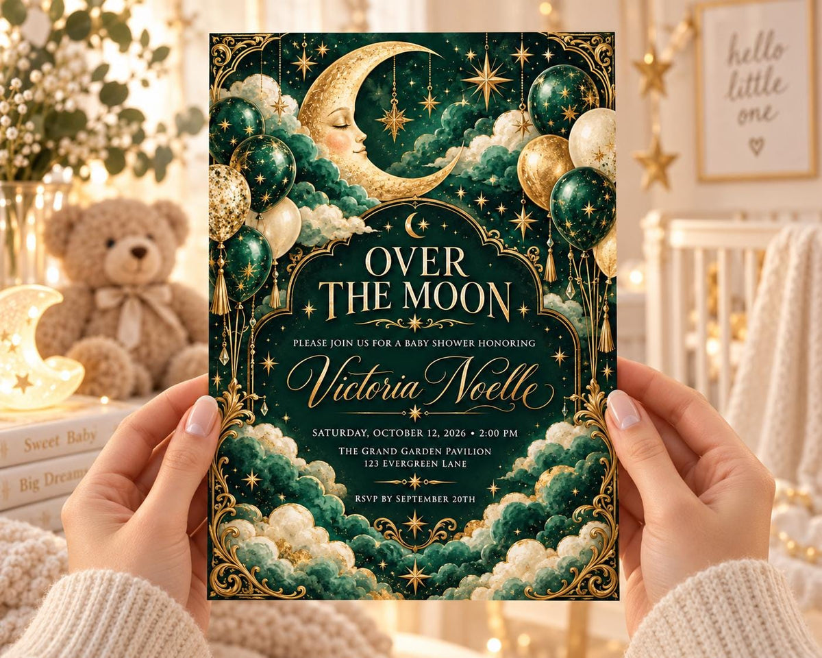 A person is holding a baby shower invitation with a moon and star theme, featuring a teddy bear and balloons.