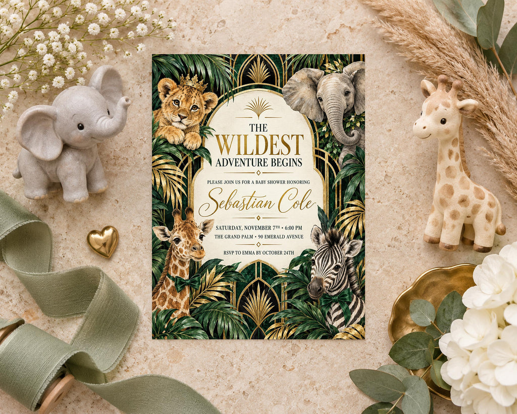 a baby shower invitation with a jungle theme, surrounded by various decorative elements such as stuffed animals, flowers, and a ribbon.
