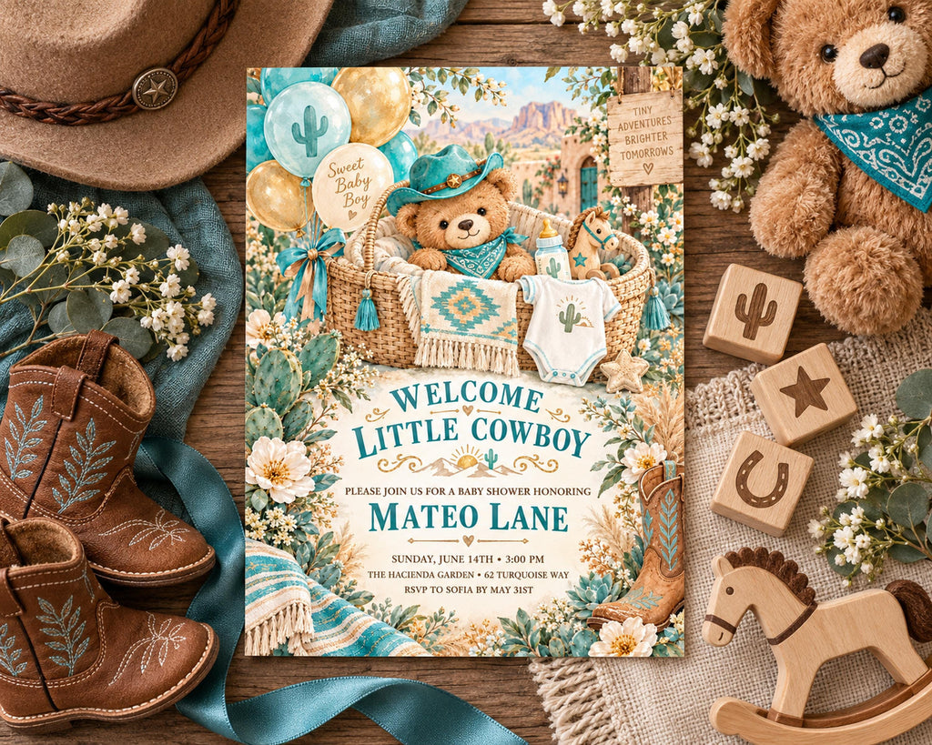 a baby shower invitation for a "Welcome Little Cowboy" event, with various baby-related items and decorations surrounding it.
