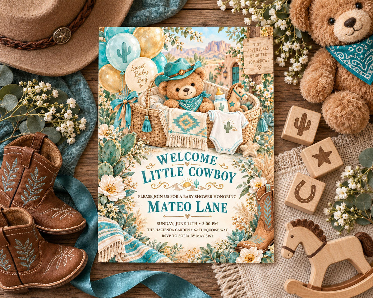 a baby shower invitation for a "Welcome Little Cowboy" event, with various baby-related items and decorations surrounding it.