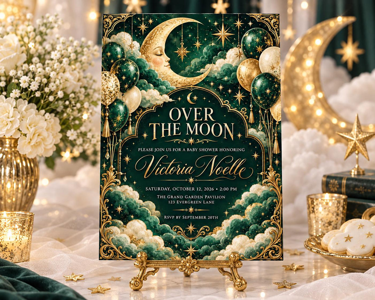The image is a baby shower invitation featuring a moon and star theme, with a green and gold color scheme. The invitation is for a baby shower honoring Victoria Noelle and is set against a backdrop of stars and a crescent moon. The event is scheduled for Saturday, October 12th from 2:00 PM to 6:00 PM at The Grand Garden Pavilion, 123 Evergreen Lane, and RSVP by September 20th.
