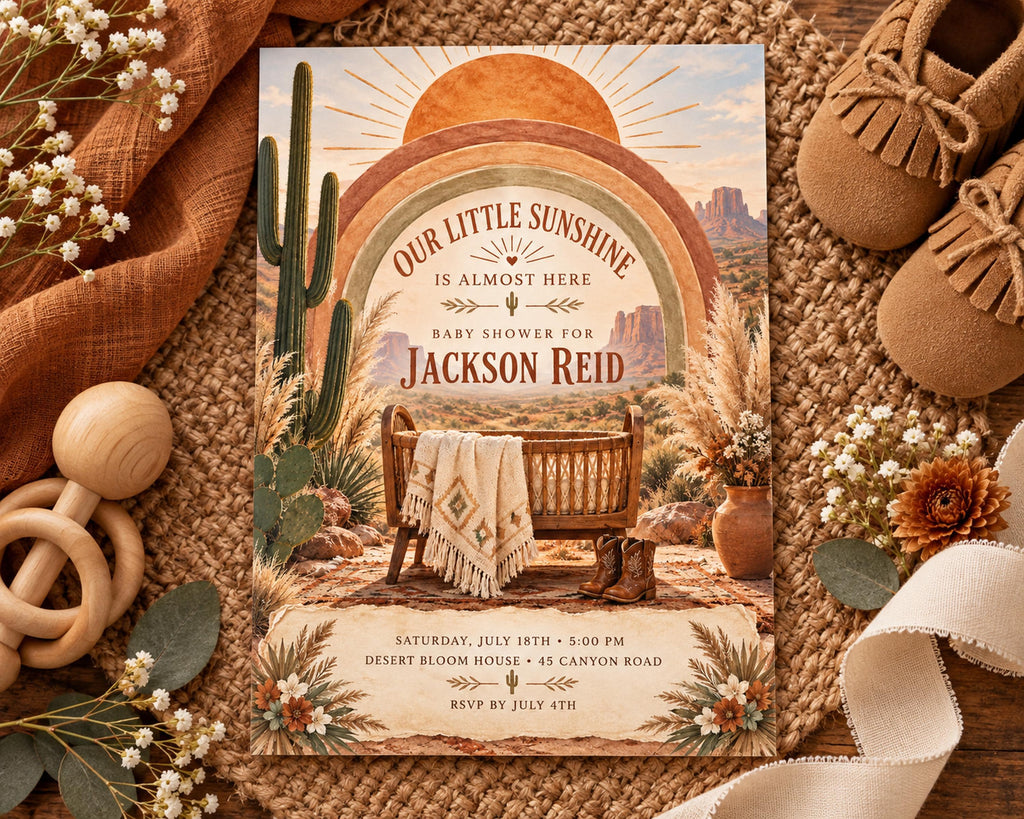 The image is a baby shower invitation featuring a desert landscape with a cactus, a wooden rocking chair, and a baby blanket. The invitation is surrounded by baby-related items such as baby shoes, a baby rattle, and a baby blanket.