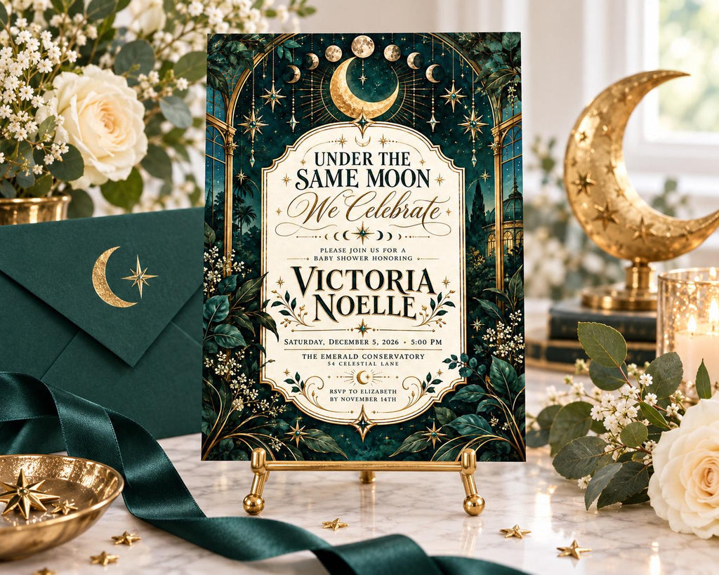 a wedding invitation card with a moon and star theme, placed on a table with flowers and other decorative items.