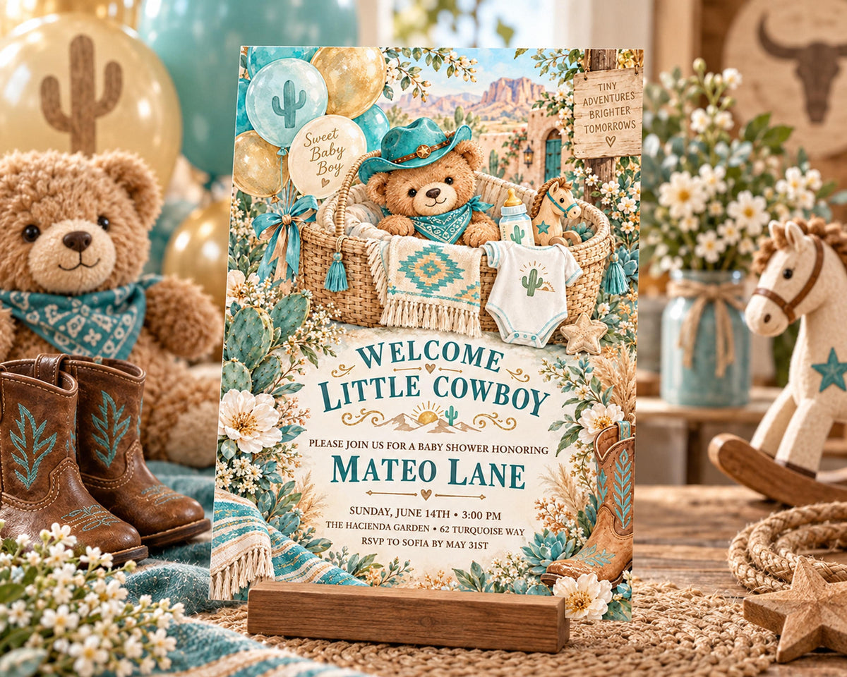 a baby shower invitation for Mateo Lane, with a cowboy theme, surrounded by various baby-related items such as a teddy bear, balloons, and a horse.