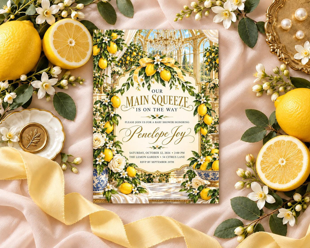 a wedding invitation with a lemon and flower design, surrounded by various decorative elements such as lemons, flowers, and a ribbon.