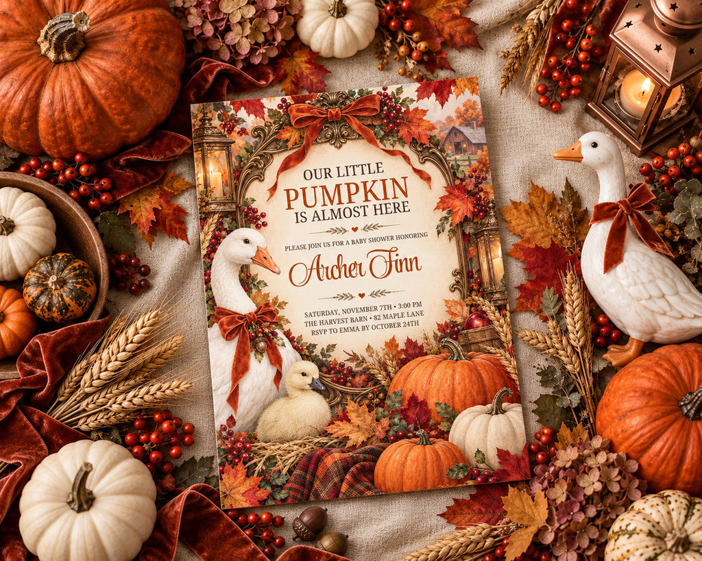 a pumpkin-themed invitation surrounded by autumn decorations such as pumpkins, gourds, and leaves.