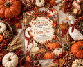 a pumpkin-themed invitation surrounded by autumn decorations such as pumpkins, gourds, and leaves.