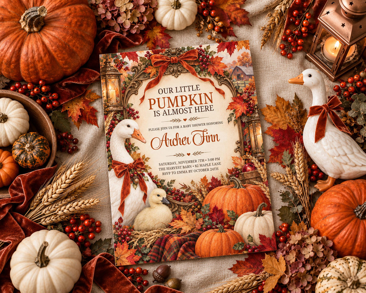 a pumpkin-themed invitation surrounded by autumn decorations such as pumpkins, gourds, and leaves.