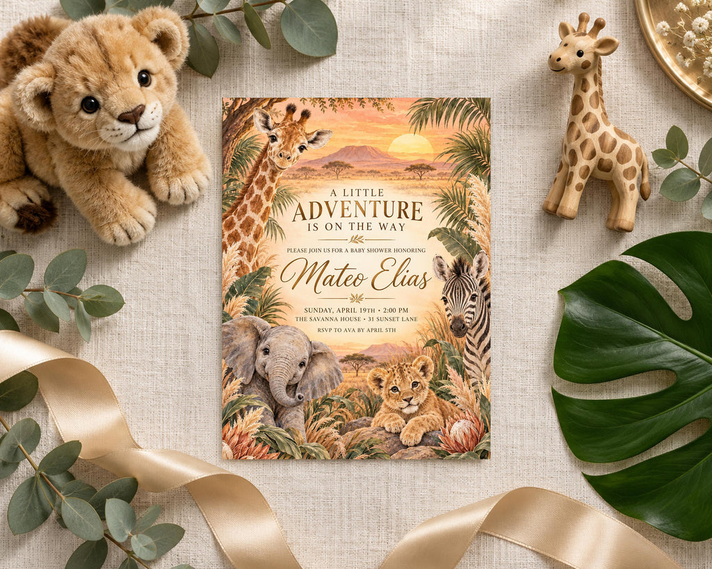 a baby shower invitation with a jungle theme, surrounded by stuffed animals, a leaf, and a giraffe figurine.