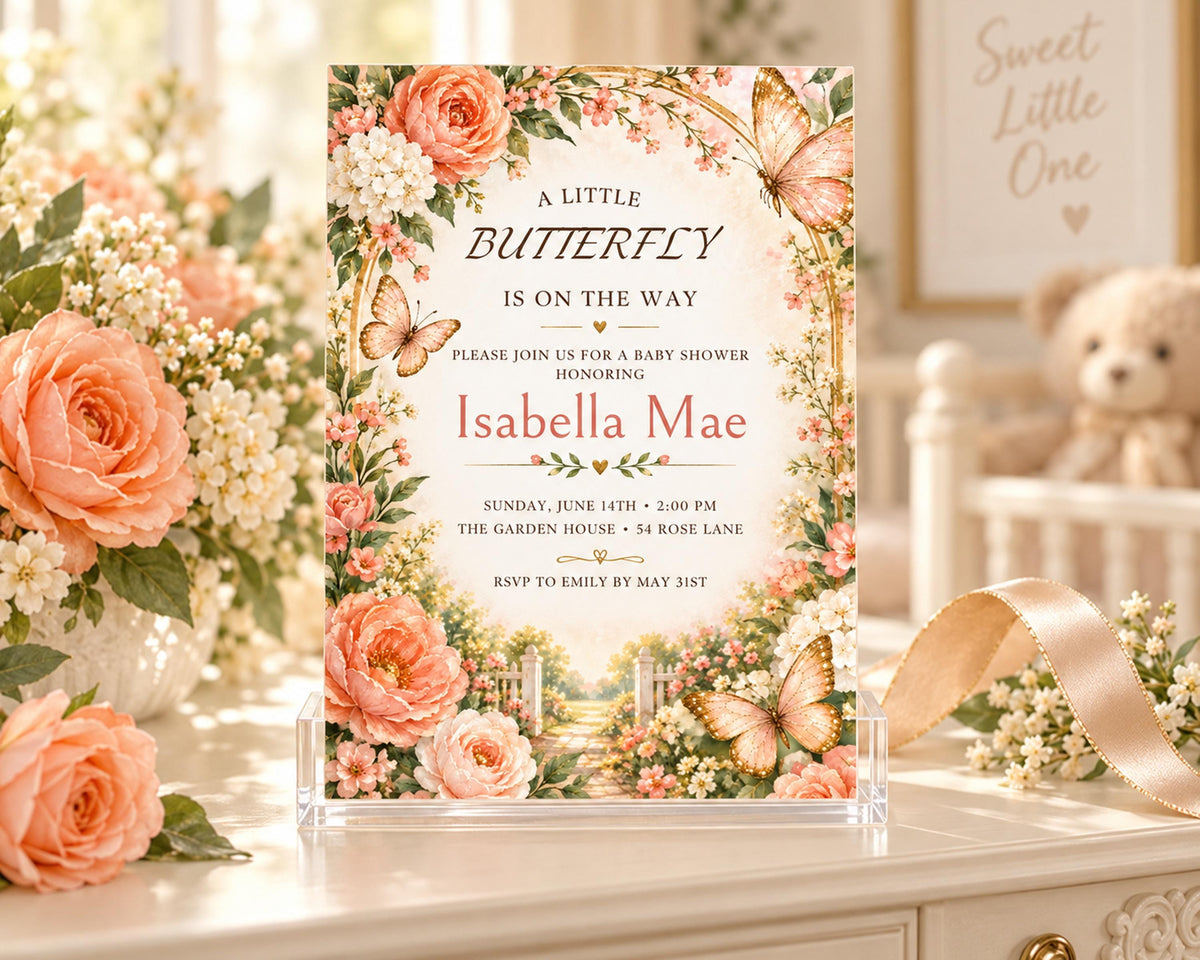 A floral baby shower invitation for "Isabella Mae" with a butterfly design, featuring a teddy bear and flowers in the background.