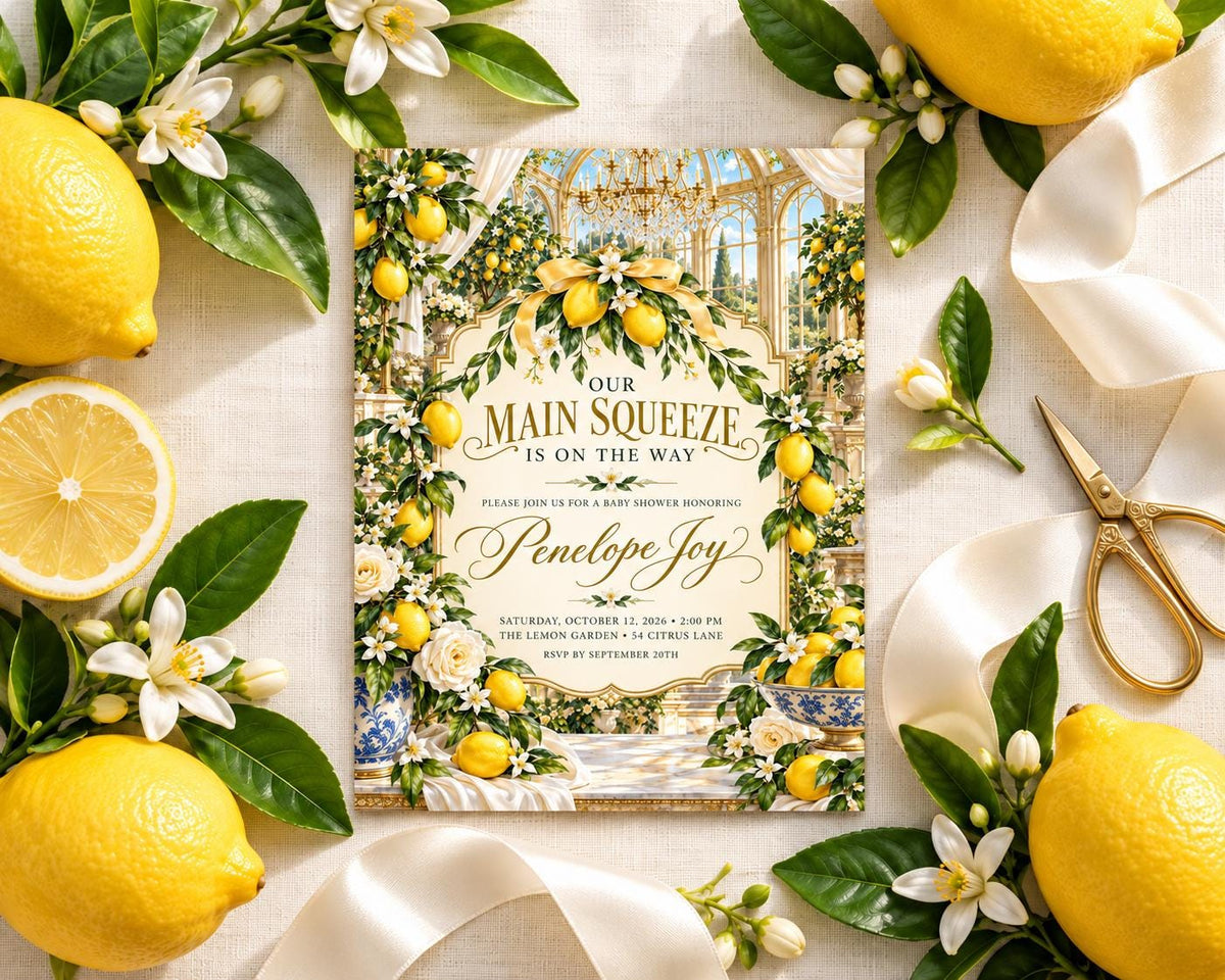 a wedding invitation with a lemon and white flower design, surrounded by lemons, flowers, and a pair of scissors.