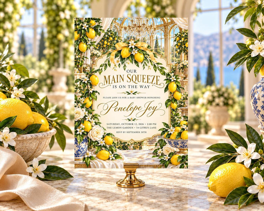 A lemon-themed baby shower invitation with a chandelier and floral decorations, surrounded by lemons, flowers, and a scenic view.
