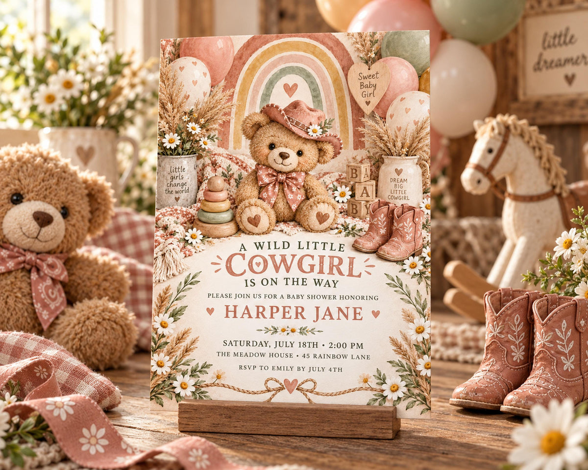 The image is a baby shower invitation featuring a teddy bear and various baby-themed decorations, including balloons and flowers, placed on a wooden table.