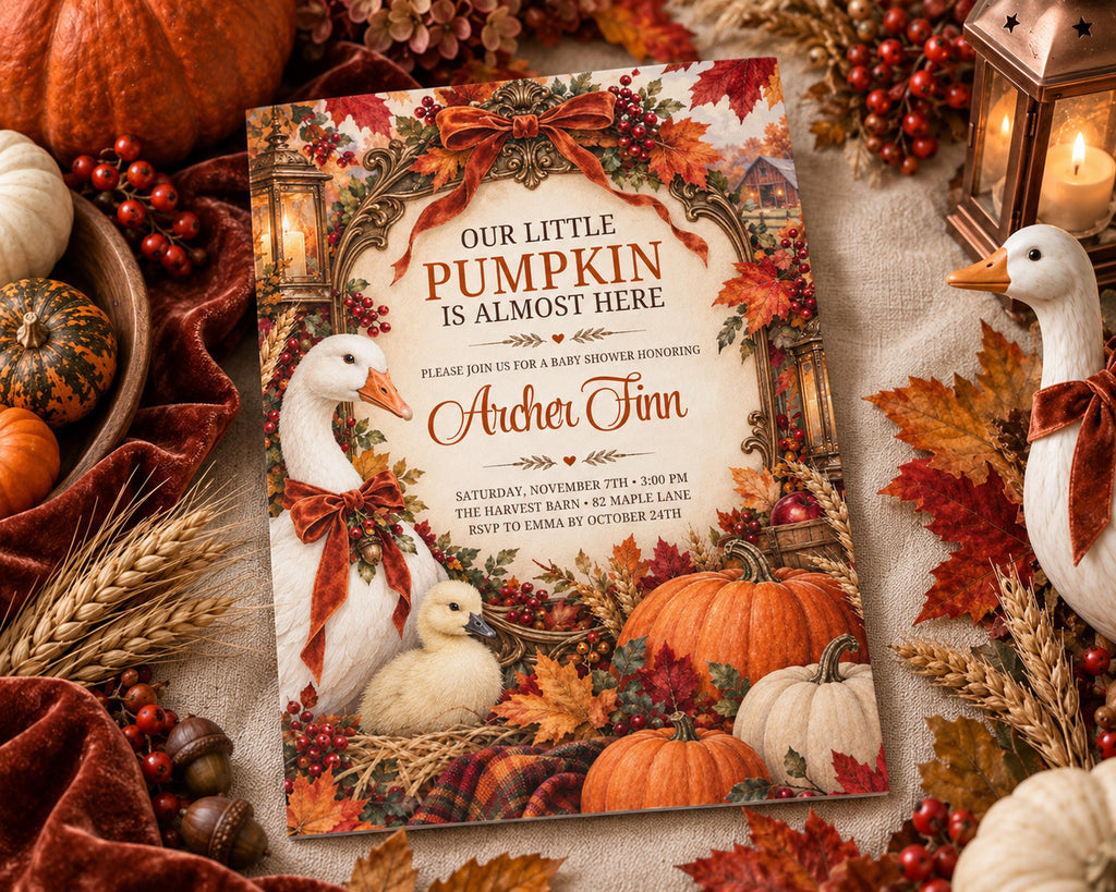 The image is a Thanksgiving-themed invitation featuring autumn leaves, pumpkins, and a baby duck, surrounded by decorative elements such as a lantern, gourds, and a bowl of berries.