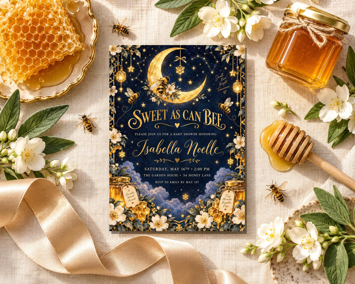 a wedding invitation card with a honeycomb and moon motif, surrounded by honey, flowers, and a honeycomb.