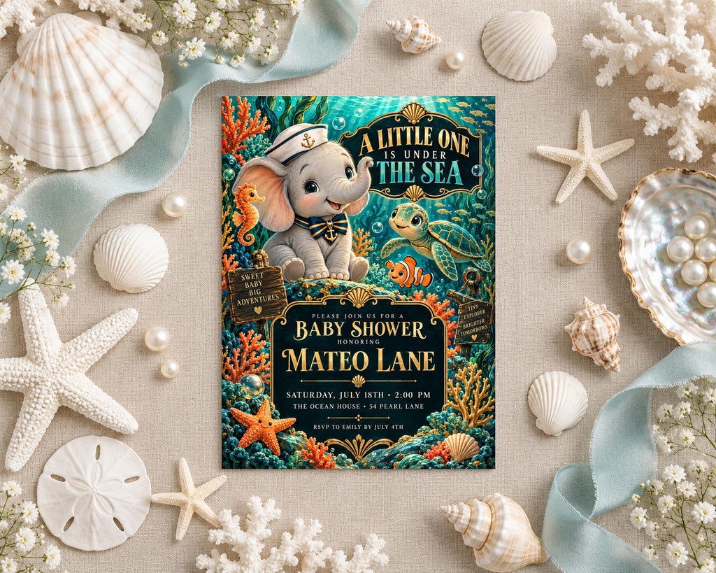 A colorful invitation card for a baby shower featuring an elephant, turtle, and seahorse surrounded by seashells, pearls, and starfish.