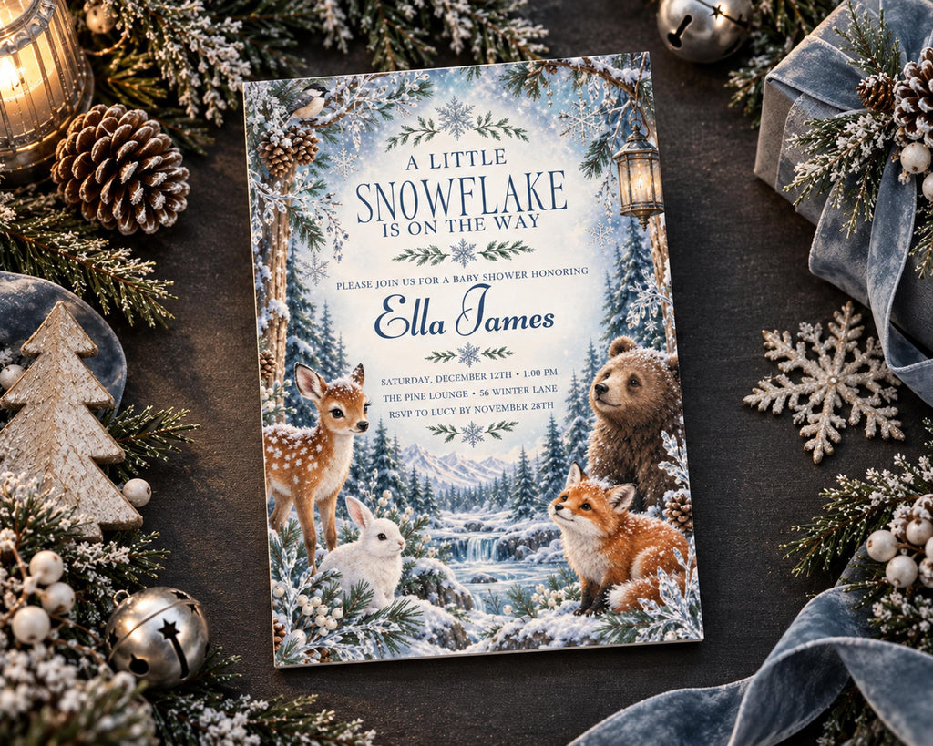 A winter-themed invitation card with illustrations of animals, including a deer, bear, rabbit, and fox, surrounded by snow and pine branches. The card is placed on a table with Christmas decorations, including pine cones, ornaments, and a ribbon.