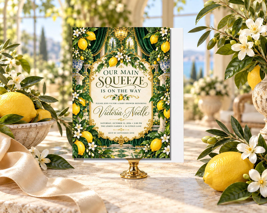 a large, ornate invitation card with a lemon and green theme, placed on a table surrounded by flowers and a vase.