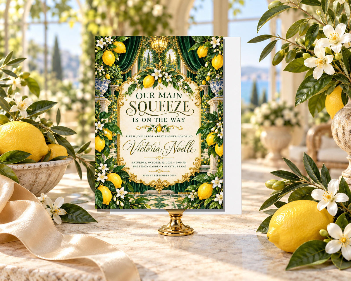 a large, ornate invitation card with a lemon and green theme, placed on a table surrounded by flowers and a vase.