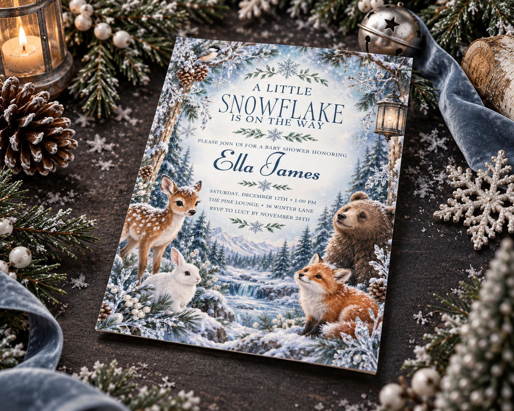 A baby shower invitation featuring a winter scene with a deer, rabbit, and bear, surrounded by snow and pine trees.