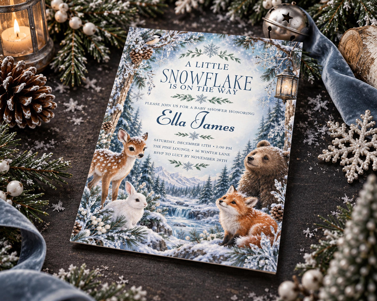 A baby shower invitation featuring a winter scene with a deer, rabbit, and bear, surrounded by snow and pine trees.