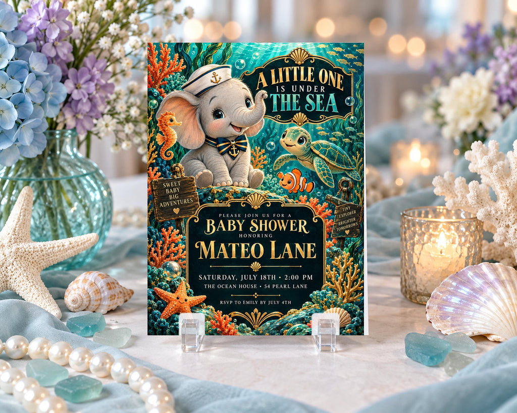 A colorful invitation card for a baby shower, featuring an elephant, turtle, and other sea creatures, surrounded by seashells, pearls, and candles.