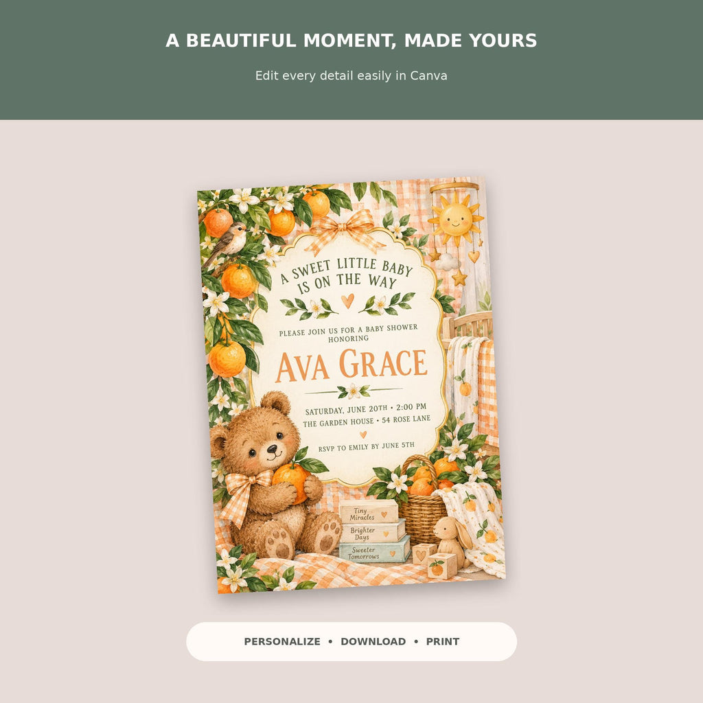 The image is a baby shower invitation featuring a teddy bear and an orange theme.